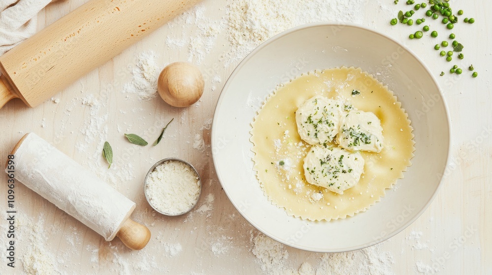 Handstamped ravioli with ricotta and spinach shallow bowl food presentation lightly floured countertop overhead view culinary delight Handstamped ravioli with ricotta and spinach shallow bowl food presentation lightly floured countertop overhead view culinary delight