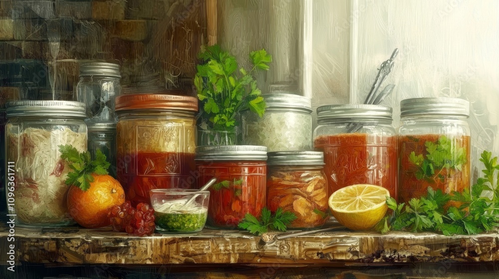 Colorful Jars of Preserved Foods and Ingredients Colorful Jars of Preserved Foods and Ingredients