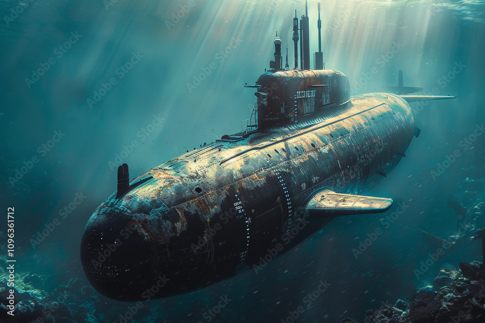 Beautiful large submarine floating in middle of ocean during mission Beautiful large submarine floating in middle of ocean during mission