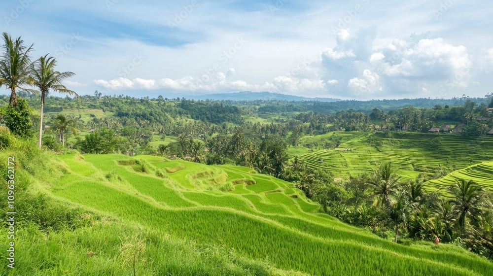 Fototapeta premium Scenic view of terraced rice fields on a hillside, with vibrant green land stretching into the distance