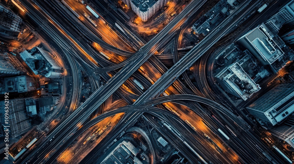 Overhead view of a railway junction with multiple tracks branching out, highlighting the intricate design of a transportation network. Overhead view of a railway junction with multiple tracks branching out, highlighting the intricate design of a transportation network.