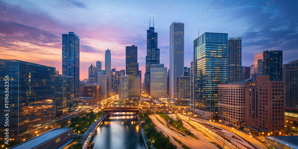 Obraz premium Modern City Skyline with Office Buildings and Drone View at Sunset