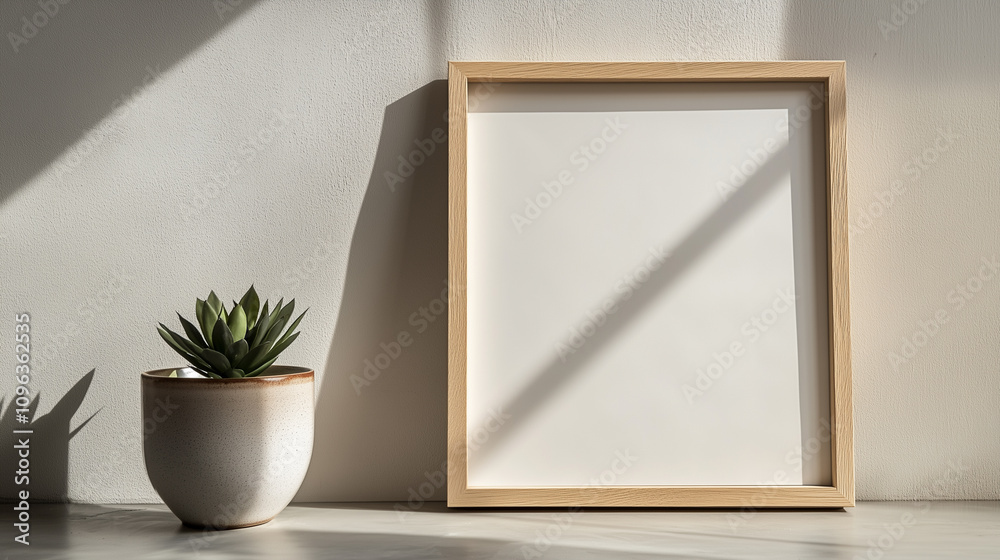 Oak frame with potted plant and natural shadow Oak frame with potted plant and natural shadow