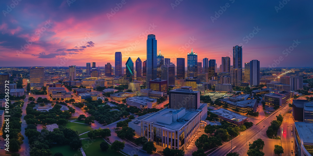 Obraz premium Modern City Skyline with Office Buildings and Drone View at Sunset