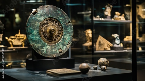 The Antikythera mechanism displayed with ancient Greek artifacts, showcasing the complexity of early astronomical technology. photo