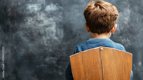 young boy sitting on wooden chair, facing dark background