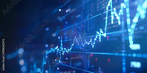 Stock Market Chart with Digital Data Overlay, Financial Analytics in Blue Visualization	