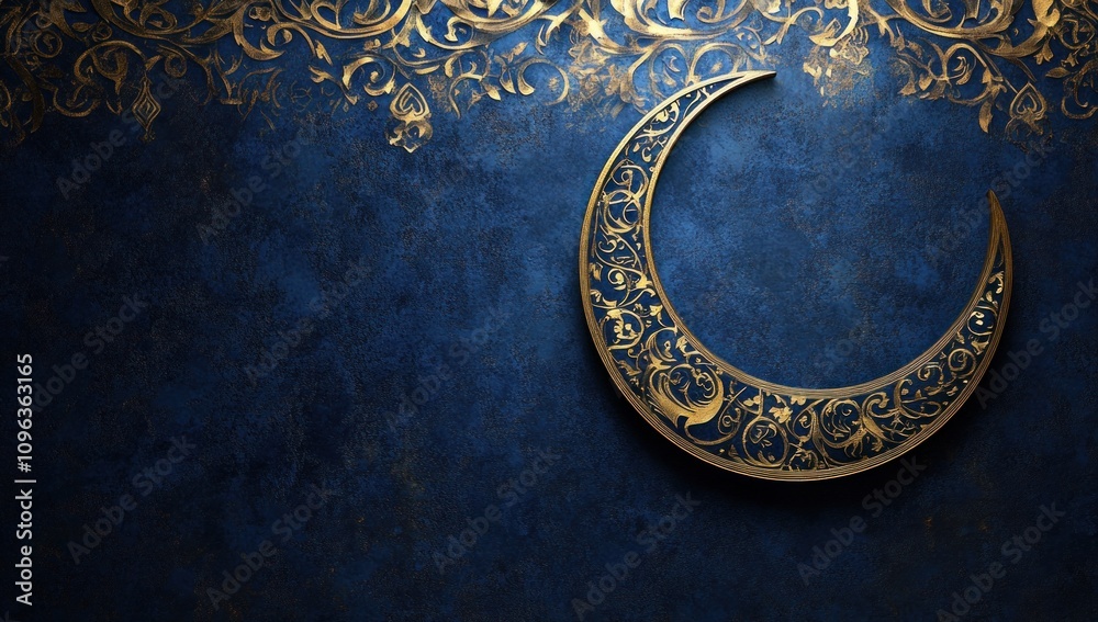Ornate Golden Crescent Moon on Blue Background Ornate Golden Crescent Moon on Blue Background