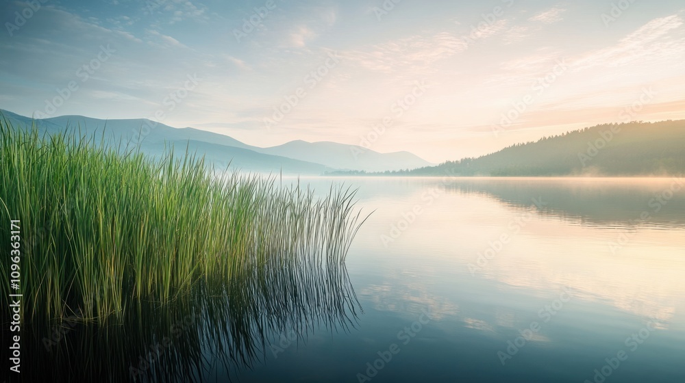 Fototapeta premium Serene lakeside land with tall grass, a calm water surface, and distant mountains under a soft sky