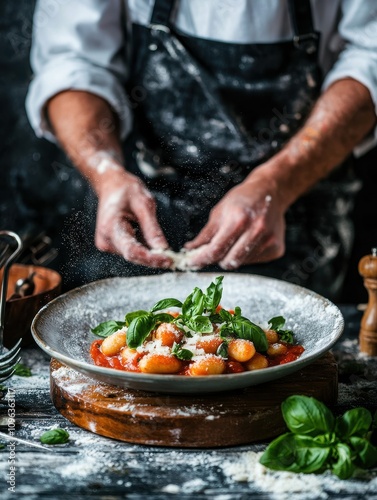 Savor handrolled gnocchi with rich tomato sauce and fresh basil in a cozy italian kitchen setting