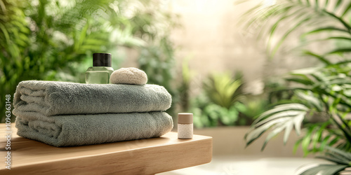 Spa Essentials with Towels and Greenery in Relaxing Natural Light photo