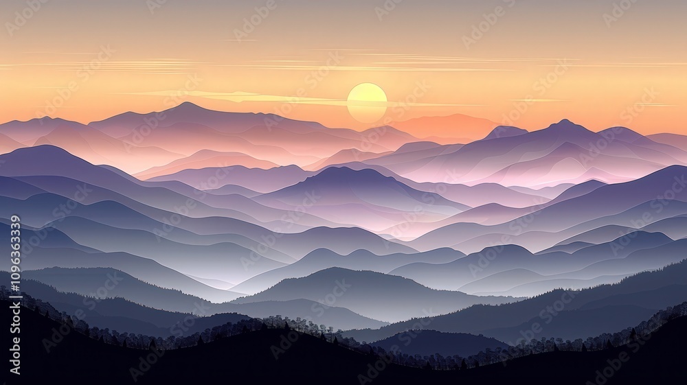 Obraz premium Stunning mountain sunset scenic landscape digital art natural environment wide angle tranquil beauty for relaxation