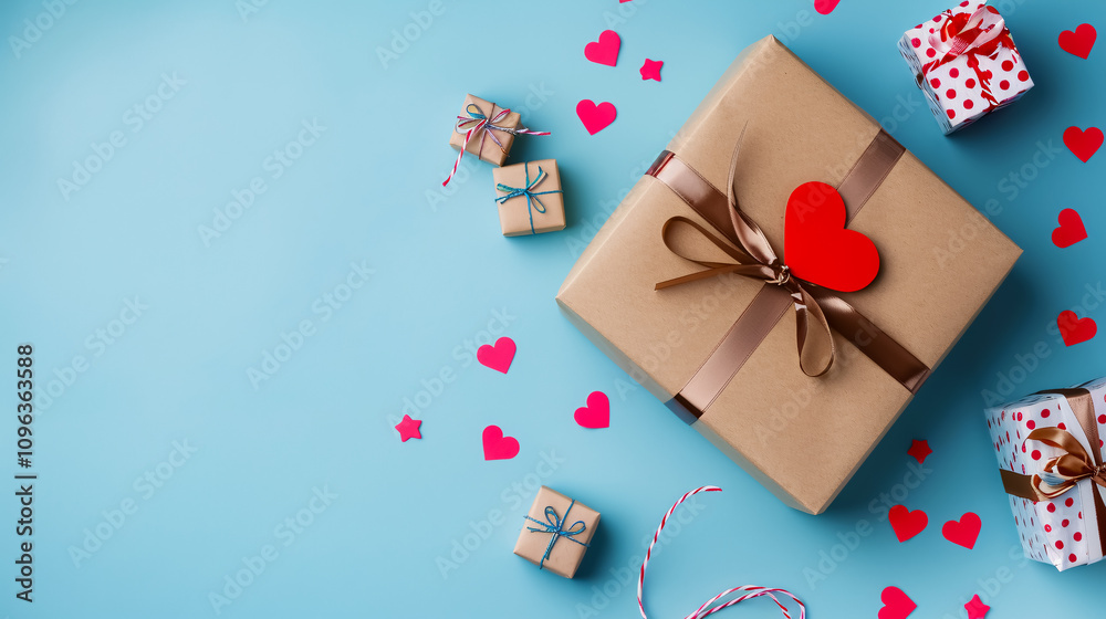 A cheerful Father's Day greeting card paired with a decorated gift box on a blue background. Top view with space for text. A cheerful Father's Day greeting card paired with a decorated gift box on a blue background. Top view with space for text.