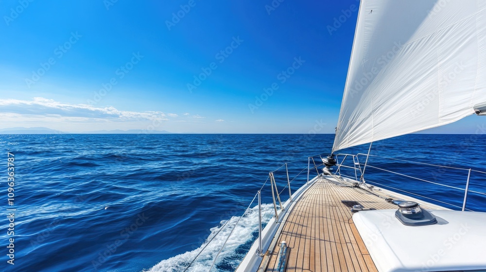 Obraz premium A beautifully crafted wooden yacht with white sails glides over the shimmering ocean, showcasing its elegance and speed in the sunny landscape