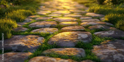 Sunlit Stone Pathway Through Scenic Nature at Golden Hour photo