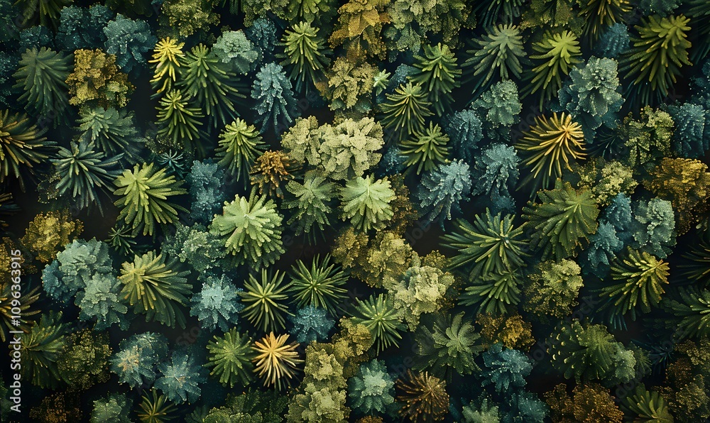 Natural Textures, Close-up aerial view of tree tops with distinct textures, such as needle-like pines and broad-leaved trees Natural Textures, Close-up aerial view of tree tops with distinct textures, such as needle-like pines and broad-leaved trees