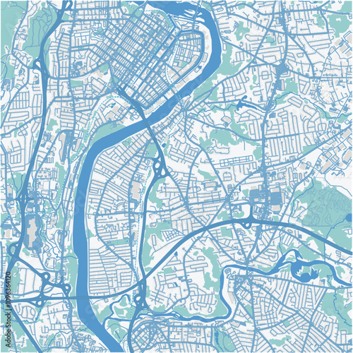 Map of North Chicopee in Massachusetts in a professional blue style. Contains layered vector with roads water, parks, etc.