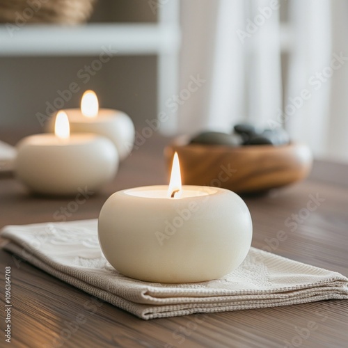 Create a soothing bedtime ambiance with a glowing aromatherapy candle designed to enhance relaxation and promote better sleep Ideal for bedrooms or peaceful spaces combines beauty with wellness photo