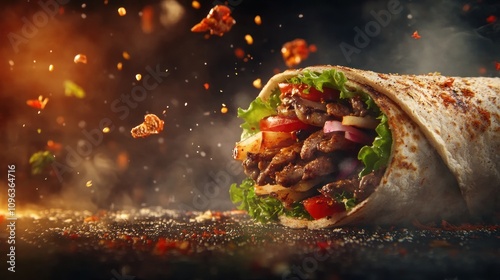 A delicious wrap filled with meat, vegetables, and spices.