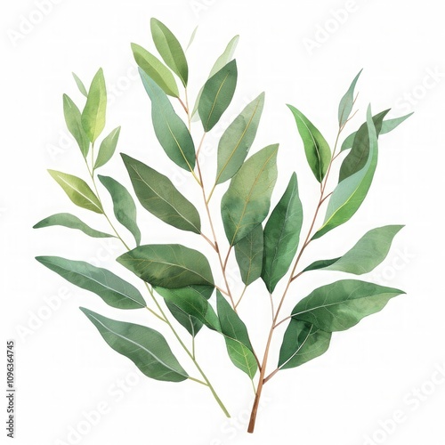 Eucalyptus branches with elongated green leaves on a white background. Watercolor botanical illustration for design and print. Ayurvedic herbs, Ayurveda, Generative AI