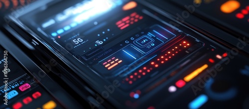 Close-up of futuristic technology interface showing data streams and digital displays.