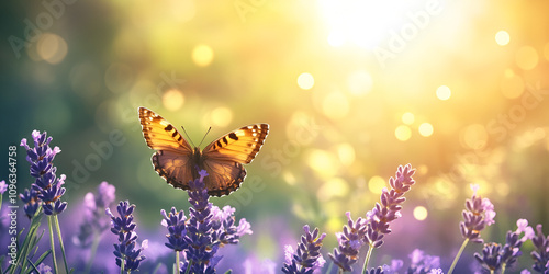 Butterfly on Lavender Flowers in Soft Sunlight photo