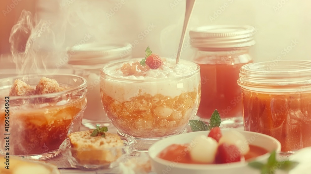 Fresh Desserts in Jars with Fruits and Cream Fresh Desserts in Jars with Fruits and Cream