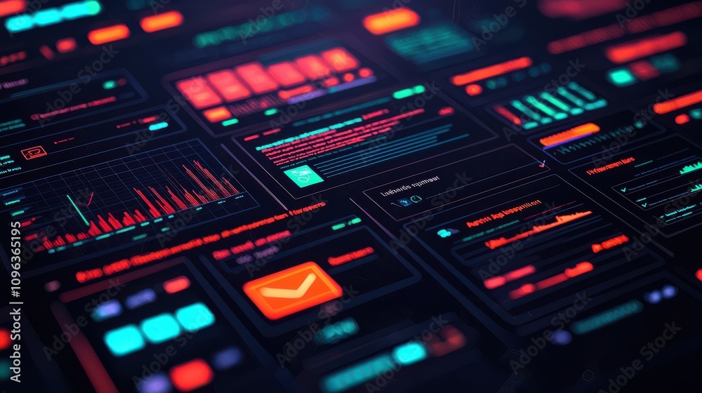 A vibrant display of digital dashboards and data visualizations, showcasing graphs, charts, and interactive elements in a futuristic design. A vibrant display of digital dashboards and data visualizations, showcasing graphs, charts, and interactive elements in a futuristic design.