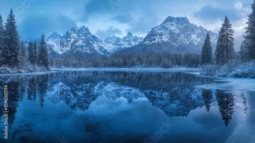 Aerial view view, snowy mountains and lakes, wilderness atmosphere.