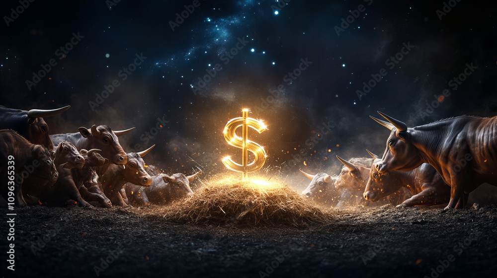Naklejka premium Banner illustrating golden dollar sign surrounded vigilant bulls cosmic background glowing aura prosperity wealth image