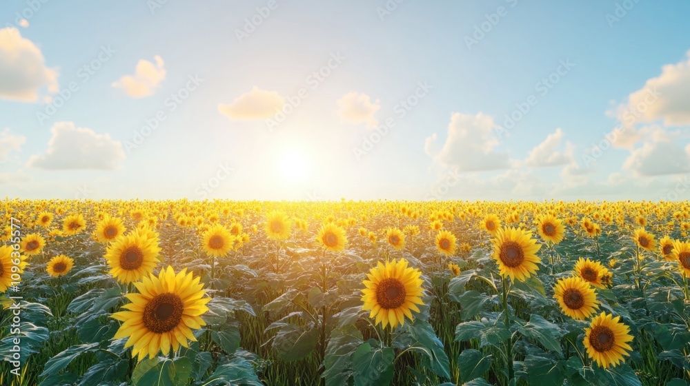 Obraz premium Vibrant sunflower field stretching to the horizon under a clear and sunny sky