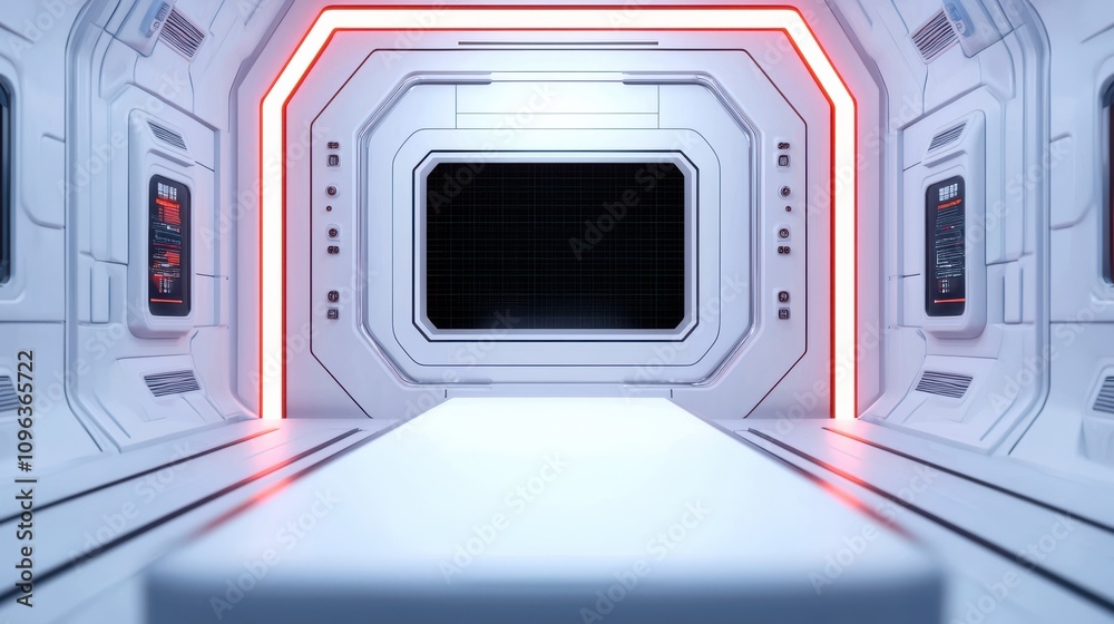 Fototapeta premium A futuristic, sterile hallway with glowing red accents and a central table, exuding a sci-fi atmosphere.