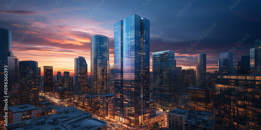 Modern City Skyline with Office Buildings and Drone View at Sunset