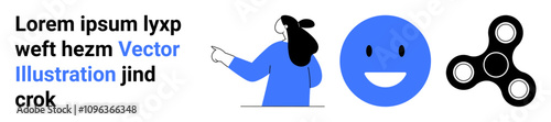Person in blue points right, beside a large blue happy face, black and white fidget spinner, and placeholder text in blue and black. Ideal for education, tech, youth engagement, wellness, stress