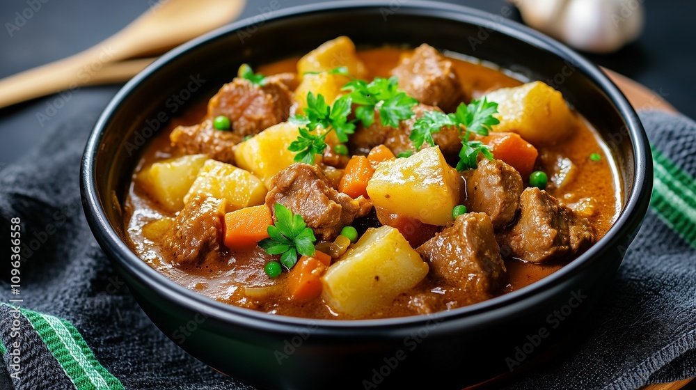 A hearty beef stew with potatoes, carrots, and peas, garnished with fresh herbs, served in a black bowl against a dark background. A hearty beef stew with potatoes, carrots, and peas, garnished with fresh herbs, served in a black bowl against a dark background.