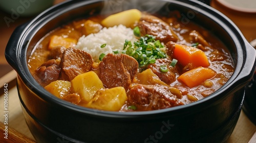 A hearty stew with tender meat, vegetables, and rice, served steaming in a black pot, showcasing delicious home-cooked comfort food.