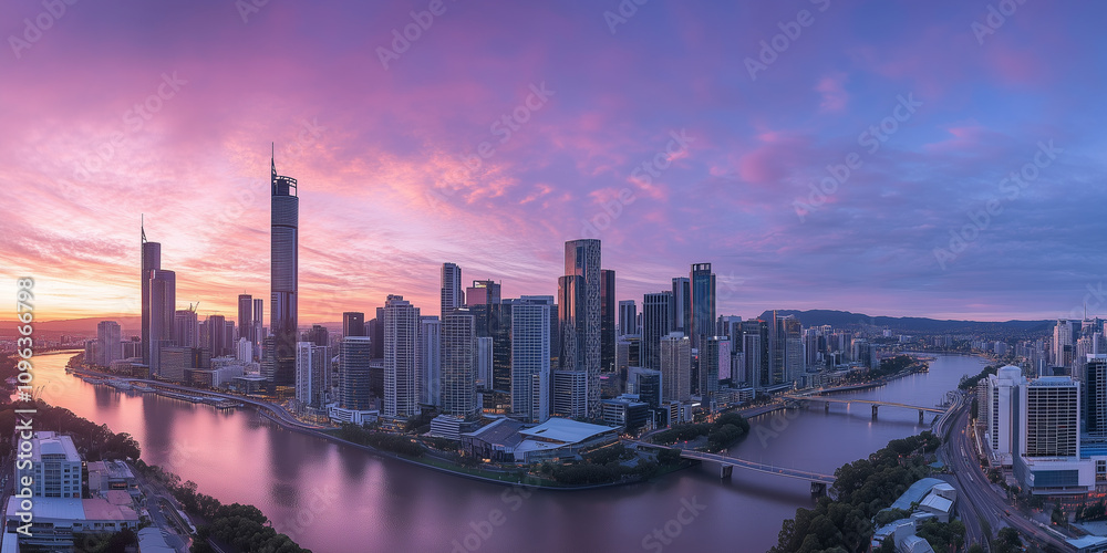 Fototapeta premium Modern City Skyline with Office Buildings and Drone View at Sunset