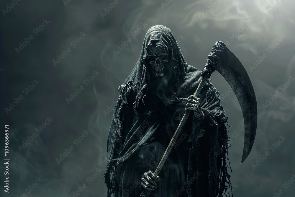 Scary grim reaper with sharp scythe in hell with dramatic background Scary grim reaper with sharp scythe in hell with dramatic background