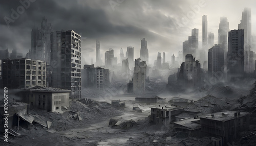 A melancholic surreal scene of a cityscape where every building is crumbling into dust, representing despair, futuristic, matte painting, muted grays.