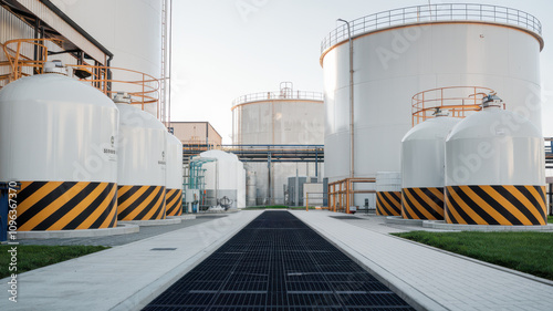clean and organized industrial setting featuring large storage tanks and pathways. environment showcases well maintained facility with focus on safety and efficiency