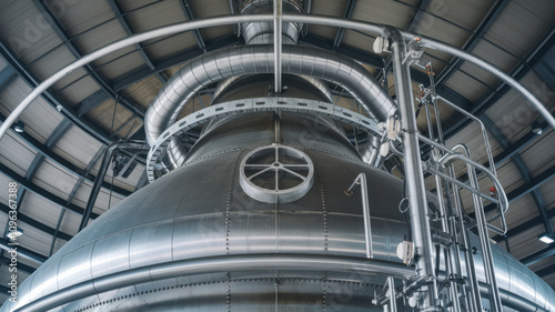 close up view of distillation tower showcasing its metallic structure and intricate piping. industrial design highlights engineering behind refining process