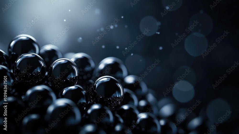 Cluster of glossy black beads on a dark textured surface with a blurred background enhancing the abstract aesthetic and depth of field. Cluster of glossy black beads on a dark textured surface with a blurred background enhancing the abstract aesthetic and depth of field.