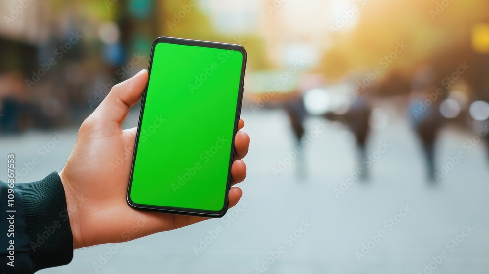 A hand holding a smartphone with a green screen outdoors. A hand holding a smartphone with a green screen outdoors.