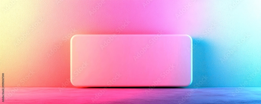 A minimalist scene featuring a sleek, white rectangular object against a vibrant, colorful gradient background. A minimalist scene featuring a sleek, white rectangular object against a vibrant, colorful gradient background.