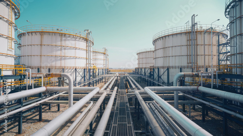 Large gas processing plant with towering tanks and extensive piping systems, showcasing industrial infrastructure and energy production