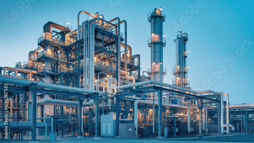High tech fuel refinery plant with intricate piping and industrial structures. facility showcases advanced technology and engineering, illuminated against twilight sky