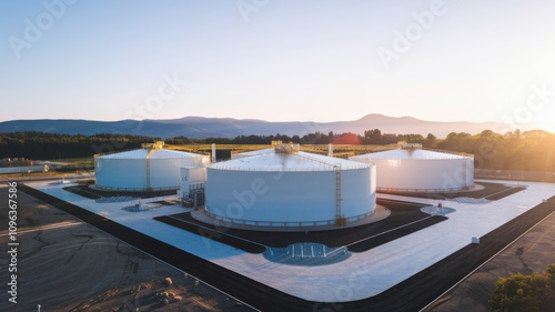 Large eco friendly biofuel processing facility with storage tanks at sunset