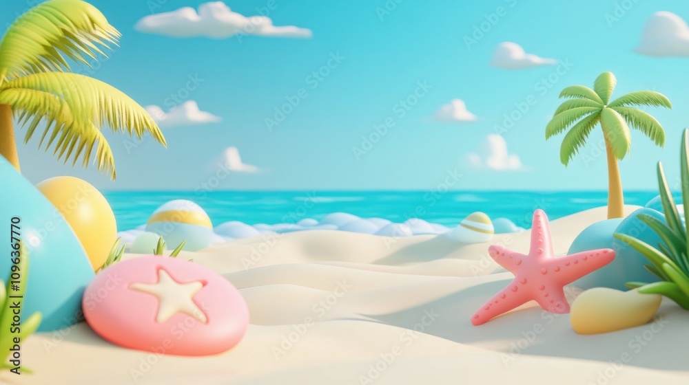 Fototapeta premium A vibrant beach scene with colorful decorations and natural elements.