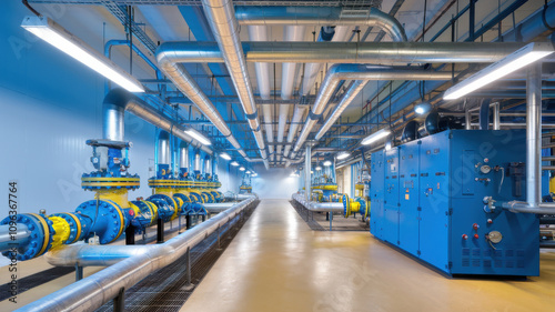 photo of natural gas processing facility featuring blue pipes, valves, and machinery. industrial setting showcases advanced technology and infrastructure for gas processing