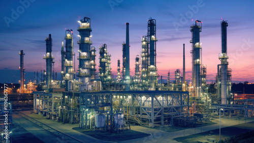 photo of refinery at night with bright lights illuminating structures, showcasing industrial architecture against colorful sky